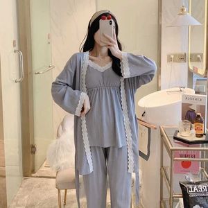 Sleep Lounge 3 pieces/set of pregnant womens pajamas cotton splicing work lace pregnant womens care pajama set pregnant womens nursing pajama set d240516