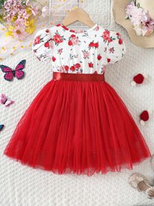 Girl's Sukienki Dziewczyny Summer Nowy romantyczna róża w kwiatach Seria Puff Sanda + Hem Red Mesh Sukienka księżniczka