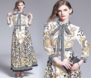 Luxury Fashion Women's Vintage Barocco Printed Dress Elegant Ribbon Tie Collar Office Lady Sexig Slim Fantastisk fest Kvällsklänningar4836121