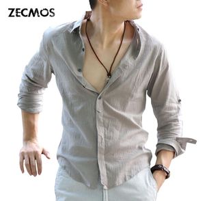 Whole Zecmos Cotton Linen Shirts Man Summer White Shirt Social Gentleman Shirts Men Ultra Thin Casual Shirt British Fashion C1843758