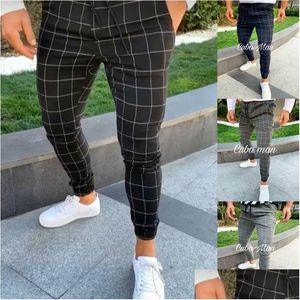 Mens Pants Casual Slim Fit Sport Tracksuit Skinny Joggers Sweatpants Stretch Trousers Plaid Men Drop Leverans Apparel Clothing Dhral