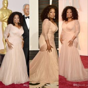 Oprah Winfrey Oscar Celebrity Blush Pink Mother of the Bride Dresses V Neck Tulle långa ärmar Draped Sweep Train Party Formell kväll 266Z