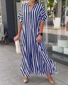 2024 Europe and America Plus Size Womens Cross border Summer Product Split Casual Stripe Short sleeved Dress 240514