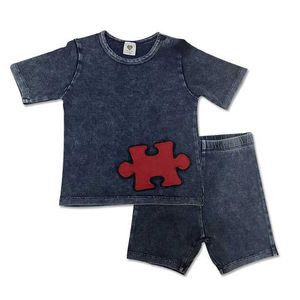 Set di abbigliamento per bambini top abbigliamento estivo e pantaloni in denim a maglia per bambini abiti e ragazze abbigliamento maniche corte rotonde toppe rosse wx