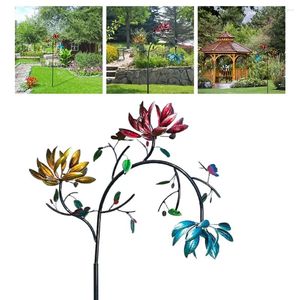 Garden Decorations Multi Colored Metal Wind Spinner Stake Fade Resistant Three Spinning Flowers Weather Windmill Decor