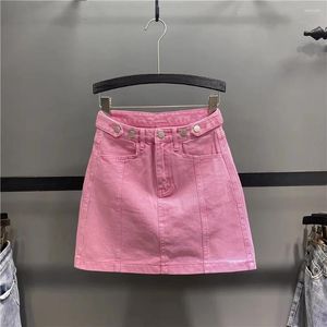 Юбки женщины розовая джинсовая джинсовая джинсовая ткань 2024 летний европейский стиль с высокой талией стройной а-лийн мини-юбки женская пуговица дизайн короткая джинсы