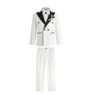 Suits Children White Baptism Jacket Pants Bowtie Flower 4PCS Photography Suit Flower Boys Ceremony Costume Kids Birthday Wedding Dress Y240516