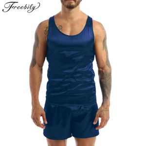 Mody męskie piżamie Set Satin Satin Male Mleeveveless Top Top Kupa do pielęgnacji odzieży nocnej odzieży nocnej odzieży domowej swobodne odzież domowa 240428