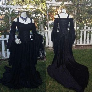 Abiti vestiti da sposa gotici neri vintage una linea medievale dalle spalle a maniche lunghe corsetto da sposa abiti da sposa con tribunale t t