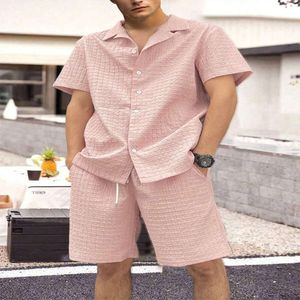 Men's casual checkered suit sleeve Hawaii short sleeved shorts two-piece set M517 55