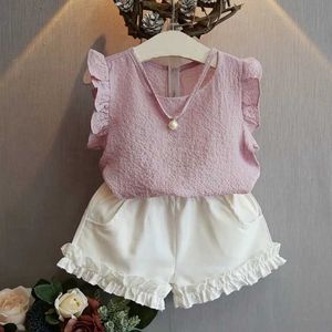 衣類セット夏の子供と女の子の服セットパールノースリーブトップスパークリングホワイトショーツセットチャイルドレンズ服セット3〜8年wx