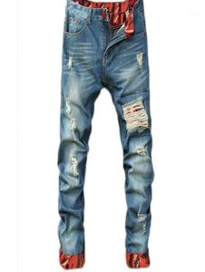 Мужские повседневные прямые джинсы Retro Slim Skinny Jeans Desomer Designer Ruped Men Hip Hop светло -голубые джинсовые штаны16330108