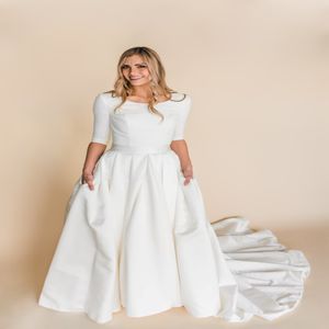 A-line Satin Modest Wedding Dresses With 3 4 Sleeves 2020 New Corset Back Stretch Top LDS Temple Modest Bridal Gowns Sleeved With Pocke 192i