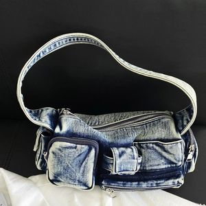 Moto Biker Denim Bags For Women Luxury Designer Handbags Purses In Y2K Multiple Pockets Washing Cloth Armpit Shoulder 240508