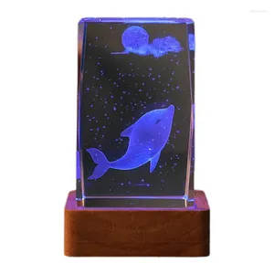 装飾的な置物がクリスタルナイトライト長方形の長方形のランプ海洋動物ライト木製ベースの斬新なデスクトップ輝く装飾