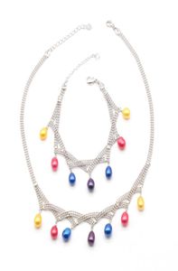 Süßwasserreisperlen Pendellankette Armband Sets 78 mm gefärbte Farbe Ovaler Perle, montiert auf versilberter Kettenkette für Frauen 6091353