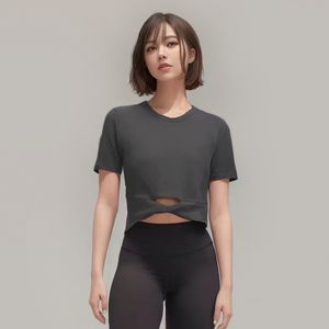 Cropped Twist-Hem Women Yoga Short Sleeve Top Sport Fitness T-shirt Ribbed Cotton Tight Sports Jogging Breathable Workout Gym Clothes Cycling Running Sportswear
