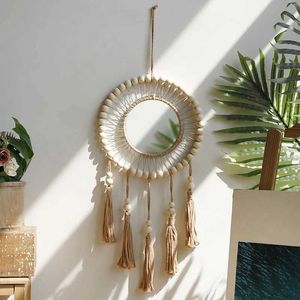 Decorative Objects Figurines Macrame Wall Mirror Wooden Beads Mirrors Boho Home Decoration Room Decors Aesthetic Art For Living Bedroom H240516