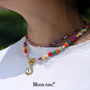 Hänge halsband färgglada hjärtkloker halsband för kvinnor bohemiska fröpärlor ögonhänge halsband sommar mode smycken moon flicka design j240516