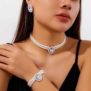 Wedding Jewelry Sets 3 elegant imitation pearl chain necklaces suitable for female brides Gothic Rhinestone stud earrings jewelry sets wedding accessories