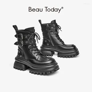 Boots Beautoday tornozelo feminino genuíno couro de vaca dupla decoração de metal de renda punk damas altas footes de moto 04401