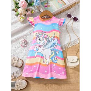Kids Young Girl Unicorn Print Ruffle Trim Dress L2405