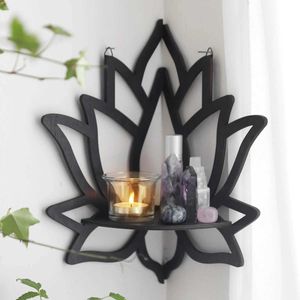 Storage Holders Racks Lotus Crystal Corner Shelf Display Black Wooden Wall Shelves Essential Oil Witchy Decor Aesthetic Spiritual H240516