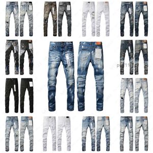 Lila märke jeans för mens mode byxa designer jean 2024 trend färg målade hål lapp liten ben stretch mager lila jeans 9zra