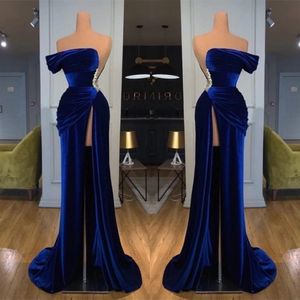 2022 Royal Blue Off-the-Shoulder Long Prom Evening Dresses Velvet Backless Prom-klänningar med Split BC11436 B0613G12 230O