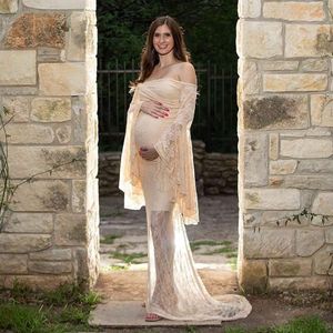 Flared Sleeve Lace Maxi for Photoshoot Off Shoulder Deep V Neck See-Through Sexy Maternity Gown Pregnant Dress
