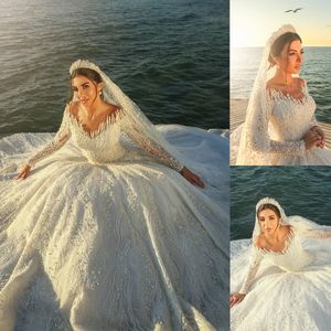 Royal Long Sleeve Ball Gown Wedding Dresses Sexy Sequined Beading Pearls Bridal Gowns Glitter V Neck Custom Made Robe De Mariee