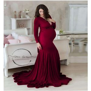 Kvinnors moderskapsklänning Elegant Slim V-Neck långärmade sjöjungfru Maxi-klänningar för fotografering baby shower fotoshoot höst/vinter