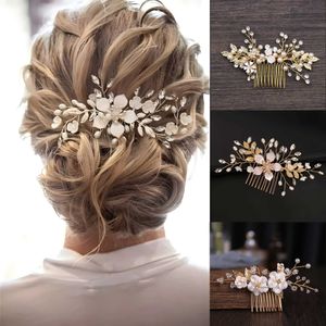 Wedding Jewelry Sets pearl lace comb gold leaf shaped alloy Tiaras inlaid jewelry bride headwear