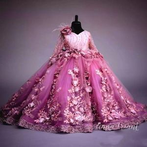 Lüks Boncuklu Çiçek Kız Elbiseler Uzun Kollu El Yapımı 3D Çiçekler Kız Pageant Elbise Muhteşem Dantel Aplike Kumçun Tül Prom Elbiseler 317T