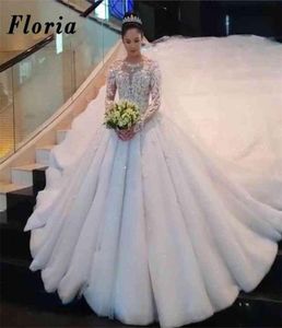 Abiti da sposa a maniche lunghe su misura 2021 Turkish Arabia Saudita Applique Crystal Illusion Bride Abito da sposa di lusso in perline6255580