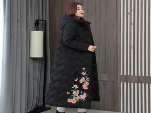 Women im chinesischen Stil039s Winterjacke Xlong Kapuze mit Stickerei Frau Parkas Plus Size Stand Halsband Single Breasted Dick C8631115