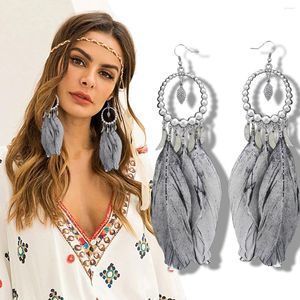 Brincos dangle RechicGU Summer Boho penas longas femininas copo de borla vintage Tassel Bidas