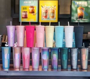 Novos copos cravejados da Starbucks 710ml Copa de café plástica Diamante brilhante Starry Sidpy Cup Durian Cup Gift Products com palha de caixa e tampa