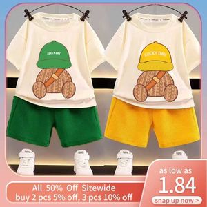 Set di abbigliamento per bambini coreani abiti estivi da ragazza e da ragazzo maniche corte t-shirt per bambini pantaloni colorati country set di abbigliamento per bambini y240515