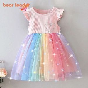 Bear Leader Flying Sleeve Girls Colorful Dress Summer Kids Rainbow Mesh Party Dresses Children Clothing Vestidos Outfits L2405