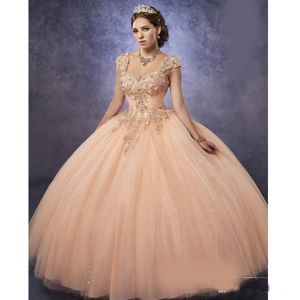 Sparkling Tulle Quinceanera Dresses 2018 Detachable Straps and Basque Waist Peach Sweet 16 Dress Lace Up Back Pageant Party Gowns 276N