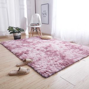 Carpets Rectangular silk tie dyed floor mat with gradient long hair carpet Nordic style bedroom balcony bay window H240517