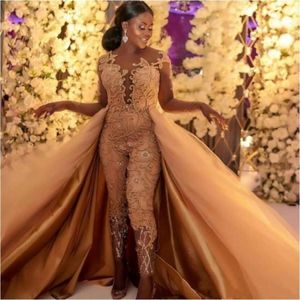 2019 Classic Jumpsuits Prom Dresses With Detachable Train Lace Appliqued Long Sleeves Evening Gowns Luxury African Party Women's P 291F