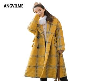 Angvilme 2017 xadrez amarelo xadrez de cashmere sobretudo casaco de inverno mulheres casaco de lã de lã de lã de lã de lã de lã Tweed Tweed Trench3351443