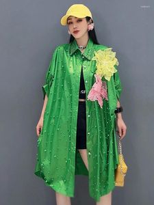 Women's Blouses Vefadisa 2024 Summer Green Long Shirt Heavy Industry Embroidered Flares Top Loose Inlaid Diamond 3D Flower Women Wear HLX204