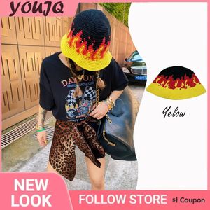 Y2K Japanese Niche Flame Bucket Hat Design Handmade Crochet Matching Panama Caps for Men Street Sunshade Womens Hats Gorras 240507