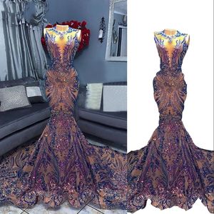 2022 BLING PURPLE PROM Dresses Sequined Lace Sexig Mermaid Jewel Neck Illusion glittrande ärmlösa paljetter Formell festklänning plus storlek E 221U