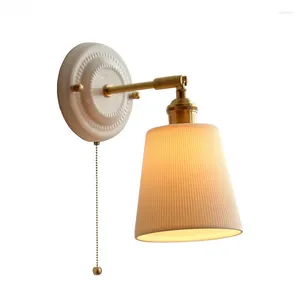 Wall Lamp IWHD Pull Chain Switch LED Sconce White Ceramic Lampshade Copper Arm Bedroom Bathroom Mirror Stair Light Modern