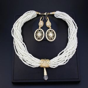 Sunspicems Morocco Crystal Bead Necklace Multilayer Pearl Choker Earing Gold Color Arabic Bride Wedding Jewelryセット240511