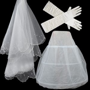 Wedding Petticoat Gloves Veil Set Cheap In Stock White Bridal Accessories For Ball Gown Wedding Dress Elbow Length Bridal Glove Crystal 261N